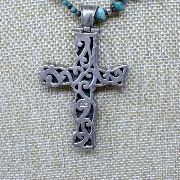 Vintage Blue Green Turquoise Sterling Silver Cross Pendant and Necklace 81 grams - Picture 9 of 11